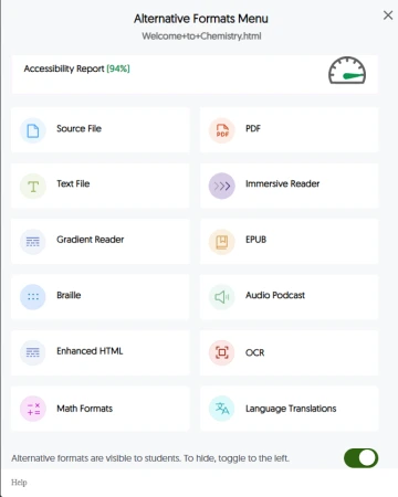 Screenshot showing the different alternative formats that can be used to access course documents.